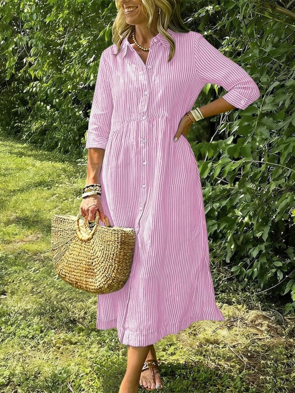 Boho Striped Button-Up Shirt Dress with 3/4 Sleeves, Side Slit & Pockets - Picture 2 of 5